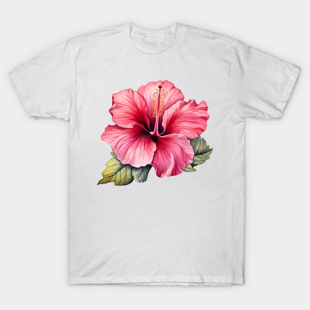 Pink Hibiscus Flower Watercolor T-Shirt by BisonPrintsCo